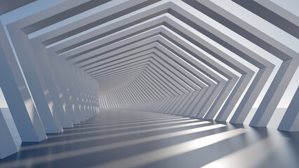 Fototapeta premium Abstract 3D render of a futuristic white geometric corridor with repeating pentagonal arches and cinematic light and shadow patterns