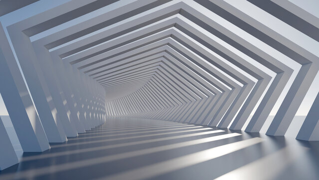 Abstract 3D render of a futuristic white geometric corridor with repeating pentagonal arches and cinematic light and shadow patterns