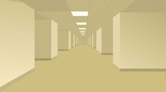 An endless yellow-beige office corridor stretching toward a vanishing point with rows of fluorescent ceiling lights in this flat vector illustration evoking the backrooms aesthetic for interior themes