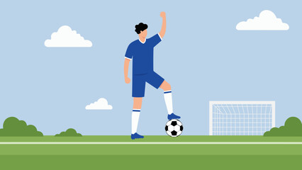 Soccer Player Standing with Football on Field Flat Vector Illustration © AR