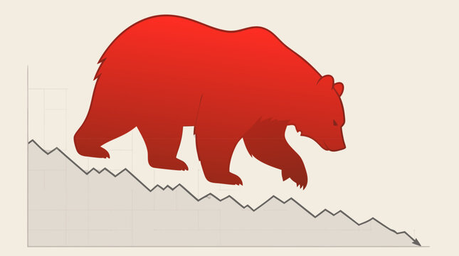 A large red bear silhouette walking downhill over a declining stock market line chart with a downward arrow in this clean flat vector illustration for financial and market trend concepts.