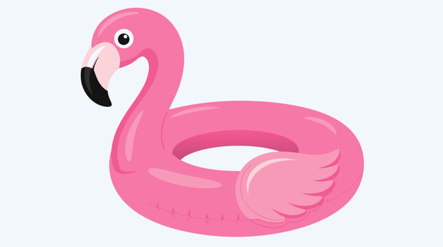 A shiny inflatable pink flamingo-shaped swimming pool ring with wings and a curved neck in this clean flat vector illustration perfect for summer pool party and leisure themes.