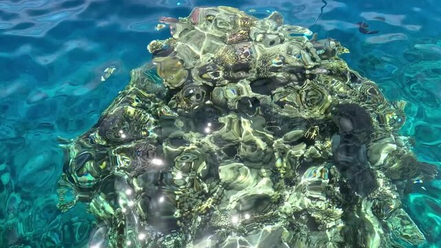 Clear blue water reveals a vibrant coral reef beneath the surface, showcasing marine life and underwater textures.