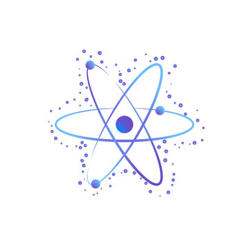 Abstract atom symbol with glowing particles and gradient orbit lines. Scientific, quantum computing, artificial intelligence, technology, and innovation concept.