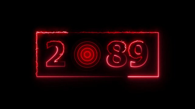 2089 years neon bright number text radio wave red color animation. New year celebration number. Black background 4k video.