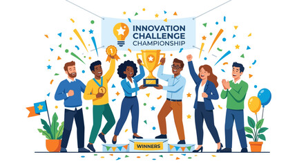 Obraz premium Diverse team celebrating innovation challenge championship victory with trophy and confetti.