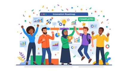 Fototapeta premium Diverse Team Celebrating Innovation Roadmap Completion with Trophy and Confetti