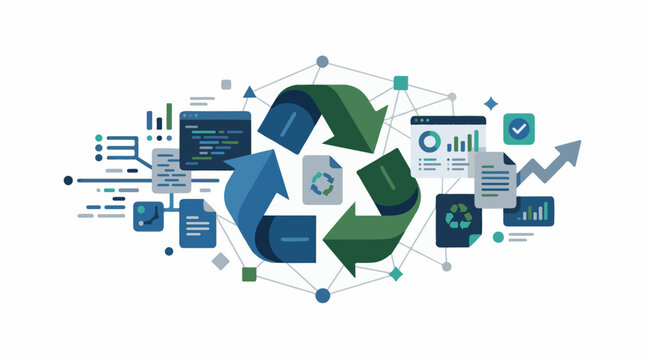 A recycling symbol surrounded by various charts graphs and documents