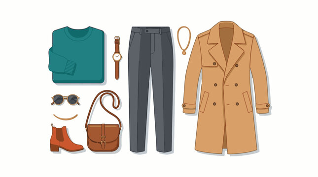 A stylish ensemble featuring a green sweater gray pants tan coat and accessories