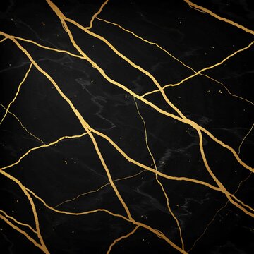 Seamless background, texture of black, marble stone with, long flowing golden, veins and small, gold flecks in, a repeating abstract, organic pattern