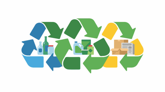 A recycling symbol made of arrows with various recyclable materials inside