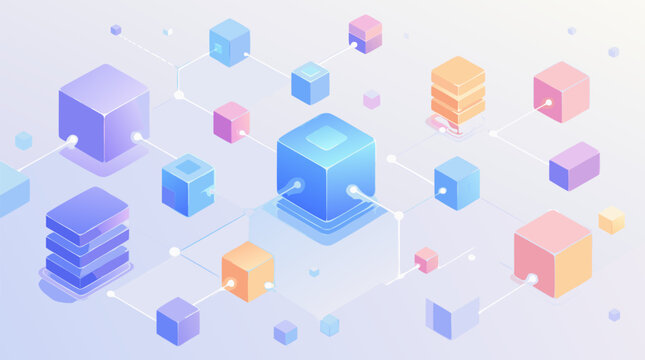 An abstract blockchain network visualization with interconnected floating glowing blocks and digital nodes rendered as a modern flat vector illustration suitable for cryptocurrency and fintech technol