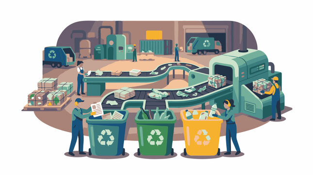 A recycling facility with workers sorting materials on a conveyor belt