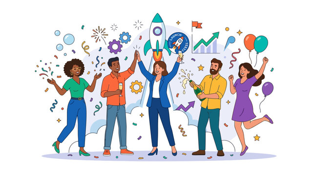 Diverse team celebrating startup launch with rocket, confetti, and champagne