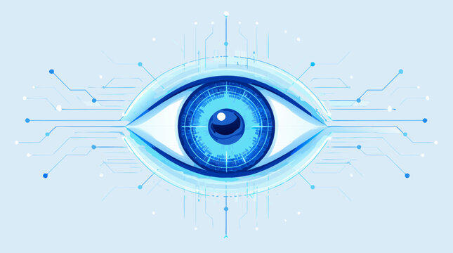 A striking glowing digital eye with circuit board patterns symbolizing cyber security and digital surveillance rendered as a futuristic flat vector illustration ideal for data protection and online pr