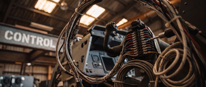 Aircraft cockpit wiring harness control panel assembly in aviation hangar workshop during maintenance for flight simulator engineering, showing electrical cables, terminal block, and control yoke.