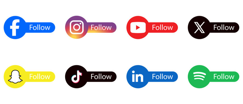 Popular social media follow button vector set. Social network logos and follow symbols.