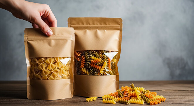 Hand holding a brown paper pouch filled with dry farfalle pasta next to another bag containing colorful rotini noodles placed on a rustic wooden table surface with soft studio lighting