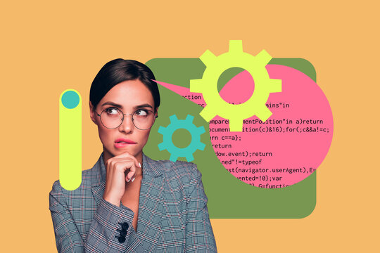 Collage of business man woman in front of abstract charts programming code symbolizing creative digital professions