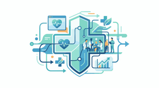 A stylized teal and blue graphic illustrating healthcare technology and medical professionals