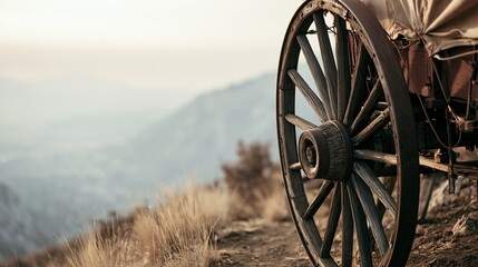 Fototapeta premium Old Covered Wagon Wheel on Mountain Trail with Valley View, Heritage Pioneer Day Background