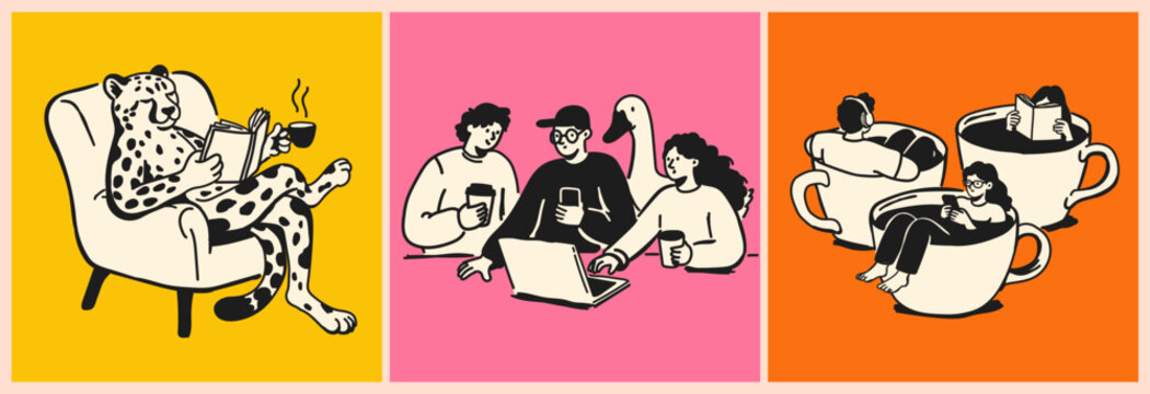 Cozy Coffee Break Illustration Set with Chilling Characters Enjoying Coffee Reading Books and Working Together. Colorful Retro Hand Drawn Vector Collection