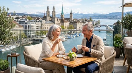 Naklejka premium Happy senior couple enjoying coffee on a rooftop terrace with city and lake views