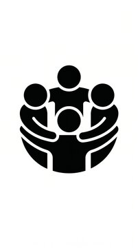 Minimalist black vector icon depicting a group of five people standing in a circle, holding shoulders or hands. Represents teamwork, unity, community support, and collaboration. Perfect for HR present
