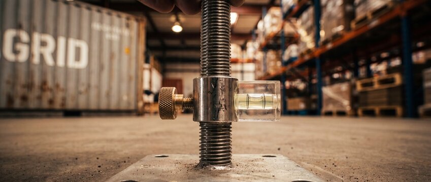 Industrial screw jack level regulator stabilizing equipment on concrete warehouse floor, heavy duty metal screw thread with bubble level tool for precise construction alignment and calibration system.