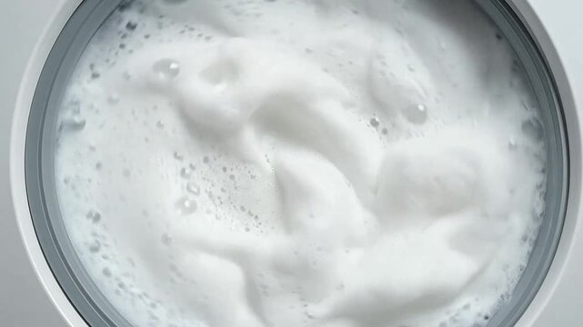 White soap bubbles spinning inside a modern washing machine drum