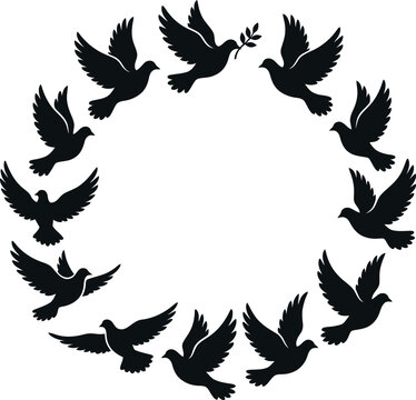 Flying Doves Circle Frame Silhouette