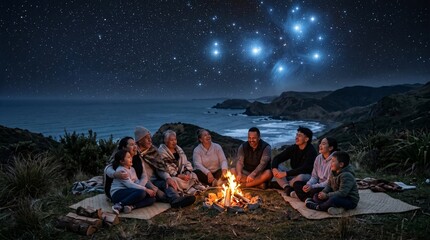 A Maori family happily gathers around a cozy campfire at night on a grassy cliff overlooking the ocean under a starry sky featuring the Pleiades