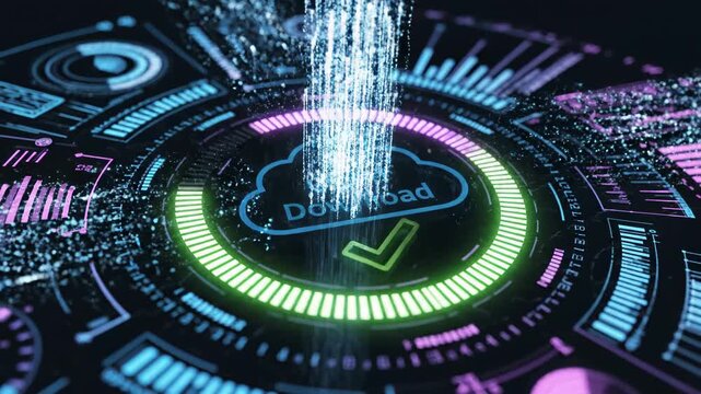 Futuristic neon cloud download interface on a circular digital HUD, featuring glowing progress rings, data visualizations, checkmark confirmation, and high-tech network graphics