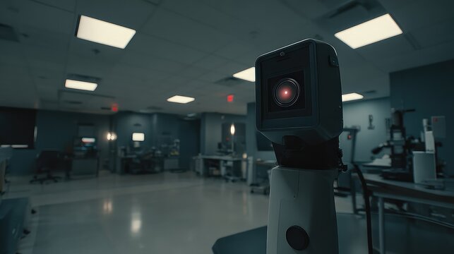 Advanced robotic camera with glowing red lens monitoring a dim futuristic lab, symbolizing ai driven surveillance, automation, data analysis and high tech medical research protection
