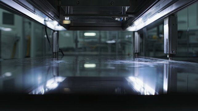 Precision machinery in a controlled lab assembling microelectronics on a flat surface, showcasing automated manufacturing, precision engineering, and advanced semiconductor production processes