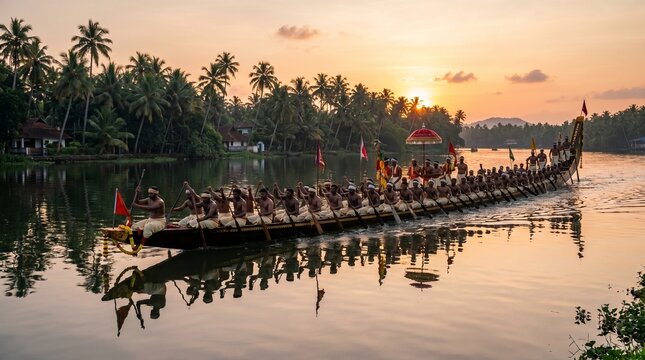 A traditional snake boat filled with rowers glides across calm backwaters lined with tropical palm trees during a breathtaking golden sunset in Kerala, India