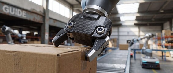 Fototapeta premium Robotic arm gripper picking cardboard box in automated warehouse logistics fulfillment center, industrial smart factory technology concept showing advanced automated machinery and modern logistics.