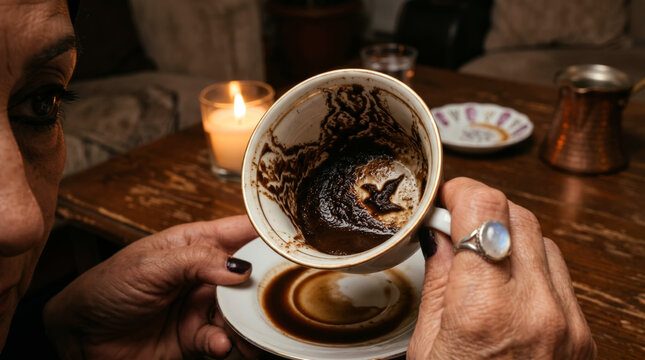 A fortune teller's aged hands cradle small coffee cup tilted toward the light, interior walls covered in dark coffee grounds forming suggestive patterns of birds and paths. Tasseography coffee reading