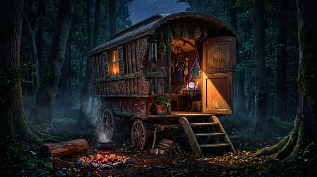 A traditional wooden Romani vardo wagon painted deep burgundy and green stands in an old-growth forest at night, mist at ground level between the dark trees. Fortune telling concept