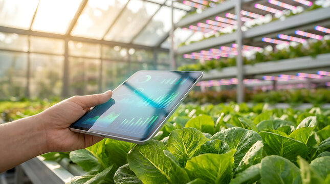 Close up view of hand holding digital tablet displaying plant analytics statistics over fresh green lettuce plants growing inside advanced climate controlled greenhouse environment.