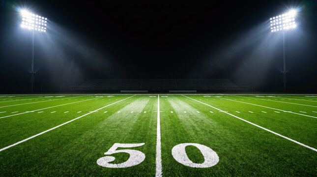 An empty American football field at night from ground level at the 50-yard line. Sports stadium background concept