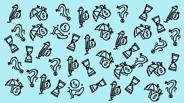 Hand-drawn doodles scatter across a transparent background. Symbols include money, clocks, and question marks. Each icon is simple, black, and sketchy. Ideal for concepts like time, finance