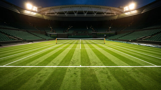 An immaculate grass tennis court at night from baseline level looking the full length of the court toward the opposite end, the perfectly manicured alternating mowing stripes catching the floodlights