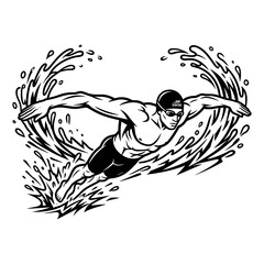Fototapeta premium Swimmer's powerful butterfly stroke, creating a splashy wake in the water. Capturing the dynamic motion and athletic prowess of the swimmer in a stylized illustration.