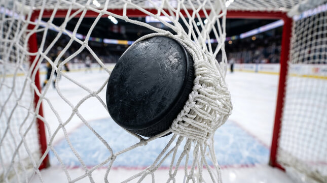 A black hockey puck presses through a white goal net at the moment of scoring, the fine nylon net strands stretched taut and bulging dramatically backward around the black rubber disc