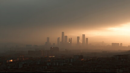 Obraz premium Urban skyline with modern high rise buildings silhouetted against a golden sunset sky, highlighting the dense architectural landscape and the glow of the setting sun over the city