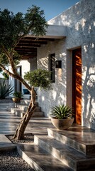 Fototapeta premium Sunlight casts intricate shadows across a serene, textured stucco facade, serving as a tranquil background for modern architectural design.