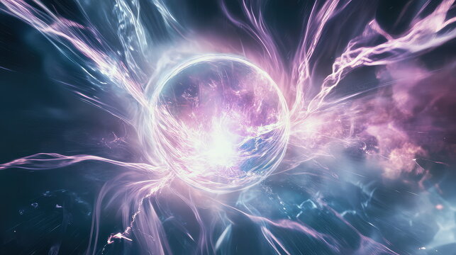 Radiant cosmic core generating powerful light and energy, expanding through a nebula and illuminating matter as a vibrant abstract representation of creation and universal forces