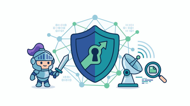 A cartoon knight in armor stands beside a shield with a keyhole, satellite dish, and magnifying glass, surrounded by binary code and a network graph