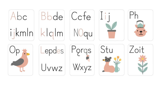 Alphabet flashcards with cute animal and plant illustrations